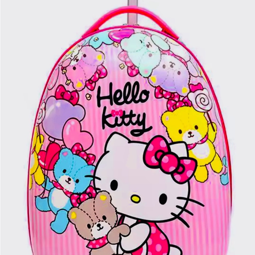 Hello Kitty and Tiny Chum style Pink Striped Kids Suitcase with Teddy Bear